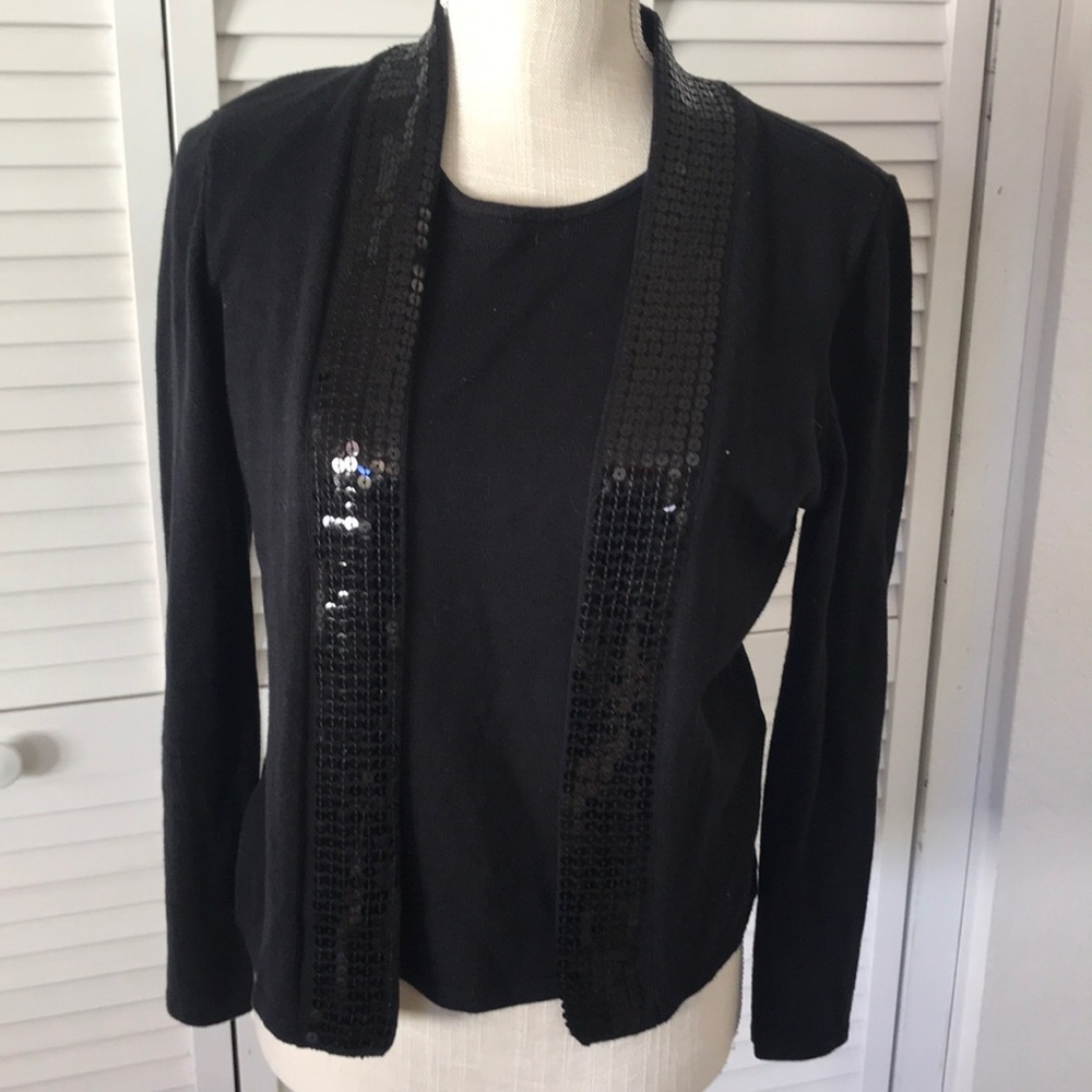 Elementz petite large black cardigan‎ with built in sheath top with sequins trim